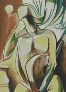 A figure sits, contemplating in a surreal setting.